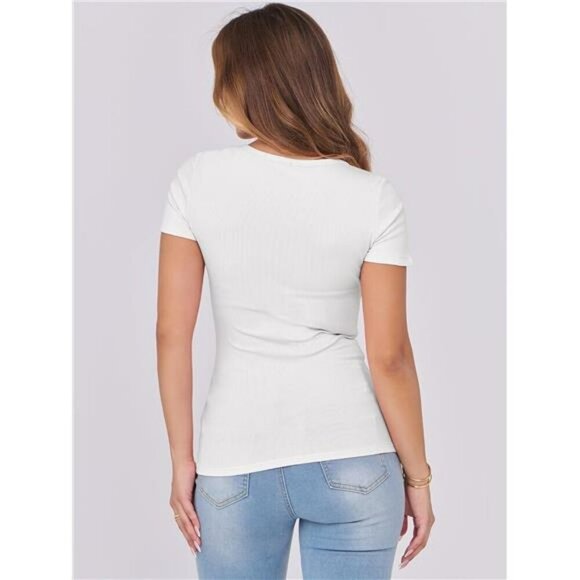 ANRABESS Ribbed Scoop Neck Short Sleeve Slim Fit Tee Womens Summer Top - Picture 6 of 7